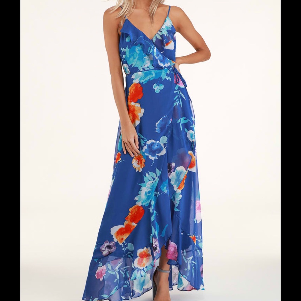 Ladean Royal Blue Floral Print Ruffled Wrap Maxi Dress